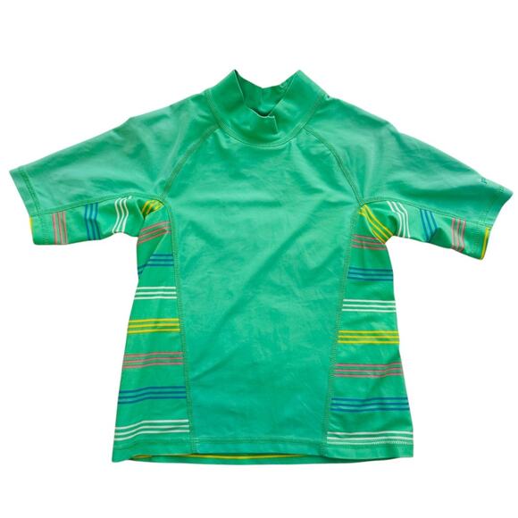 Patagonia Girls Rash Guard Swim Shirt Green Striped Short Sleeve High Neck Sz XS - Picture 1 of 5